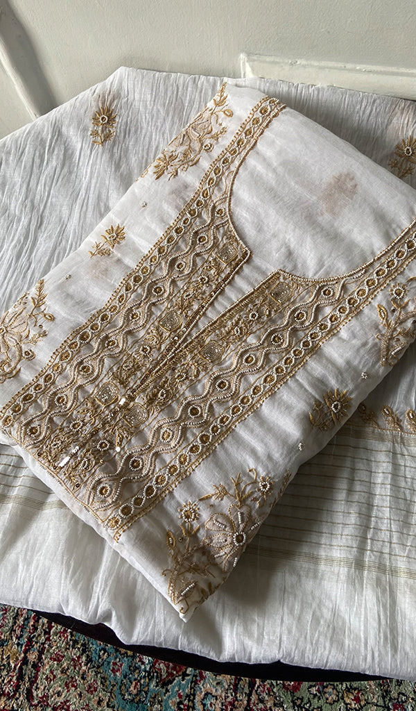 Women's Lakhnavi Handcrafted Mul Chanderi Unstitched Kurta And Dupatta Set - HONC0329227