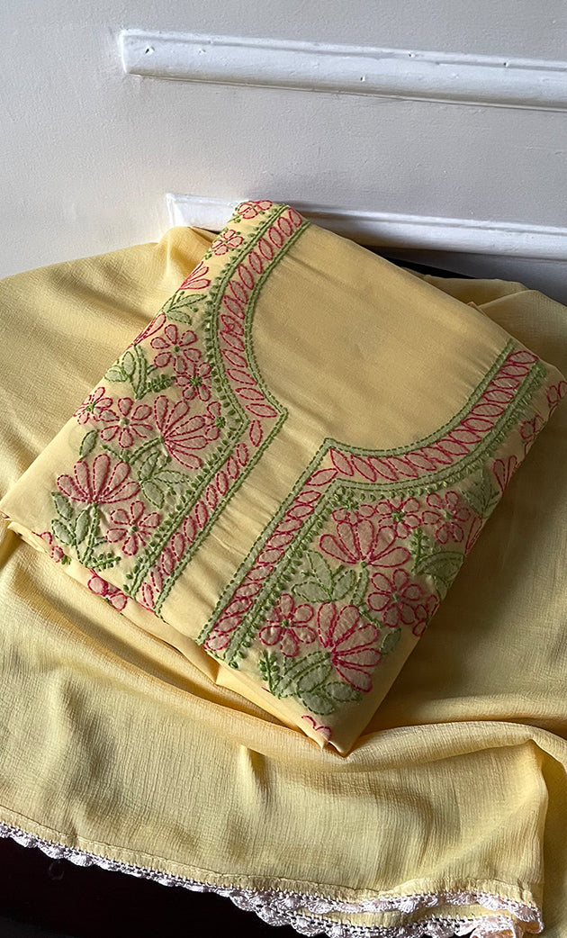 Women's Lakhnavi Handcrafted Unstitched Cotton Chikankari Suit Material - HONC0321788