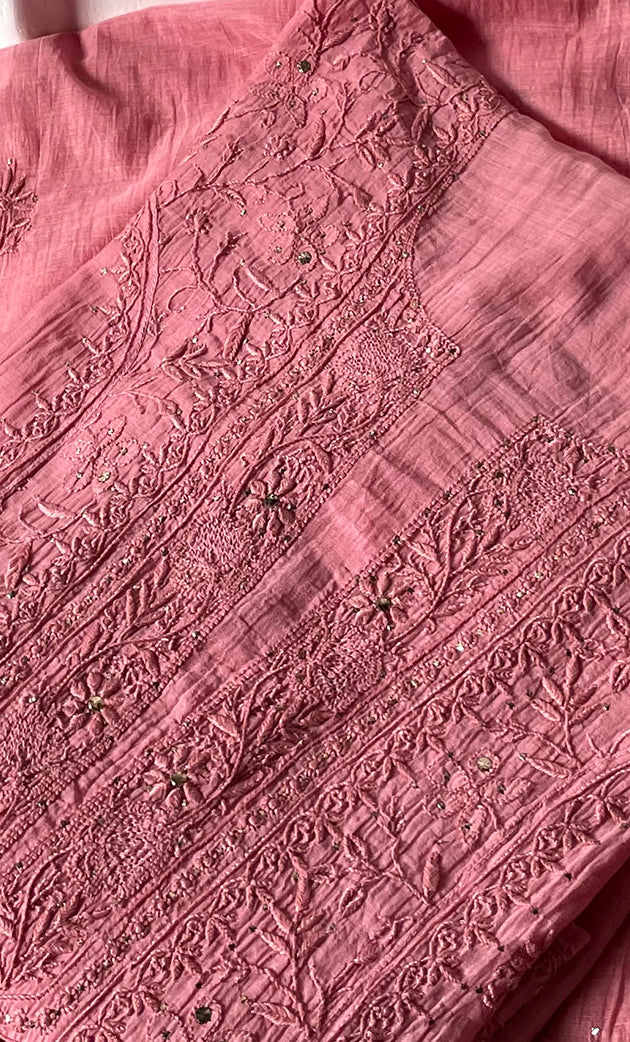 Women's Lakhnavi Handcrafted Mul Chanderi Semi - Stitched Kurta And Dupatta Set - HONC0282422