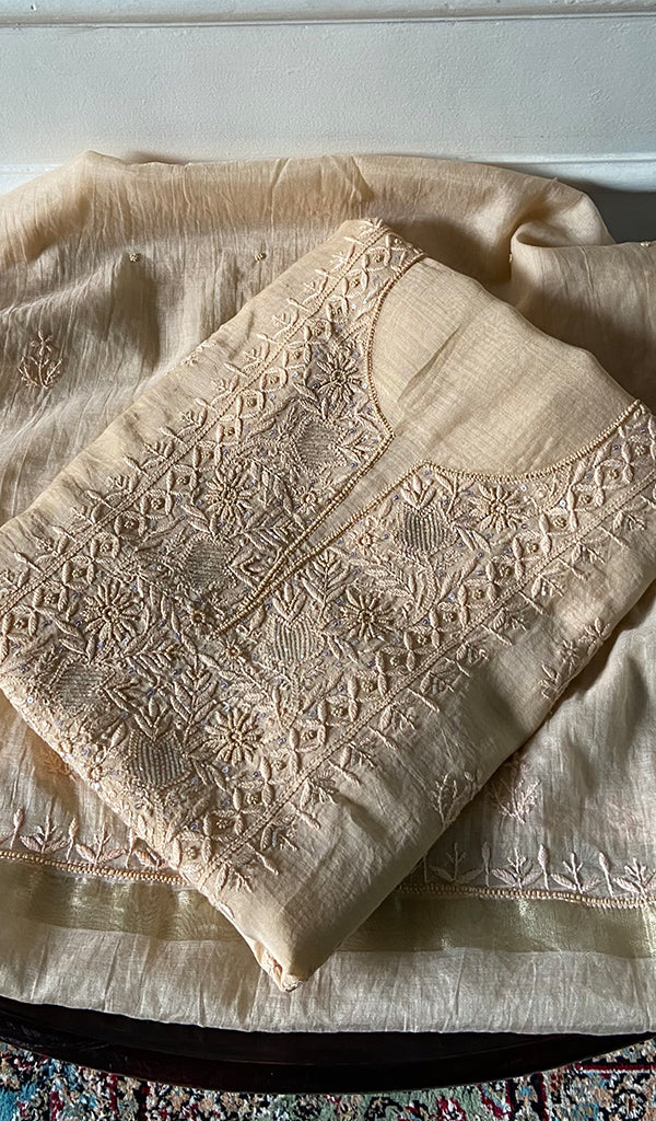 Women's Lakhnavi Handcrafted Mul Chanderi Unstitched Chikankari Full Suit Material - HONC0345039