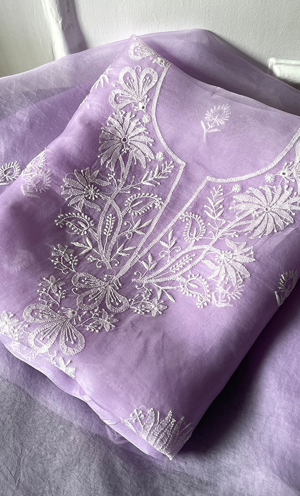 Women's Lakhnavi Handcrafted Pure Organza Chikankari Unstitched Kurta And Dupatta Set- HONC0314175