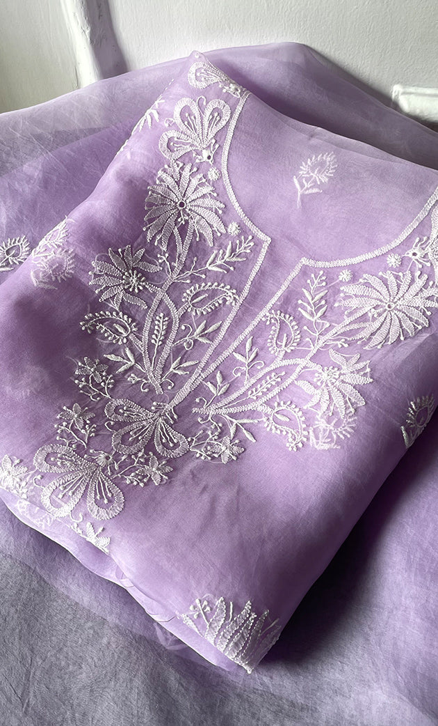 Women's Lakhnavi Handcrafted Pure Organza Chikankari Unstitched Kurta And Dupatta Set- HONC0314175