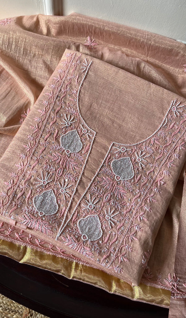 Women's Lakhnavi Handcrafted Tissue Chanderi Chikankari Suit Material - HONC0275987
