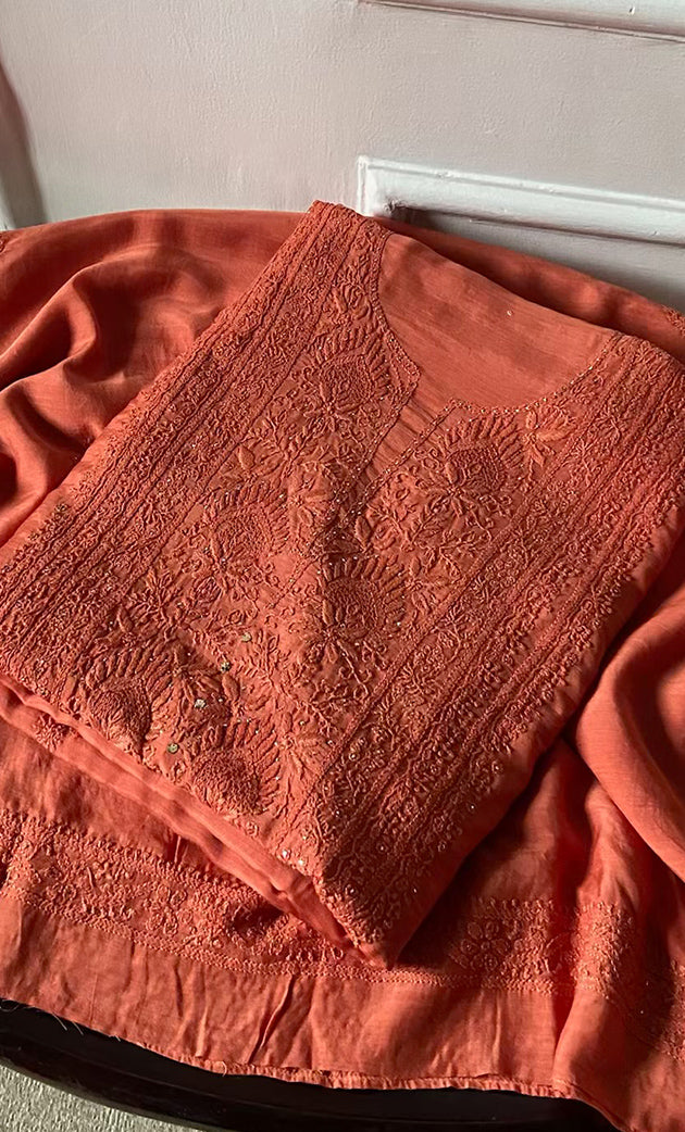 Women's Lucknowi Handcrafted Muslin Chikankari Unstitched Suit Material - HONC0258337