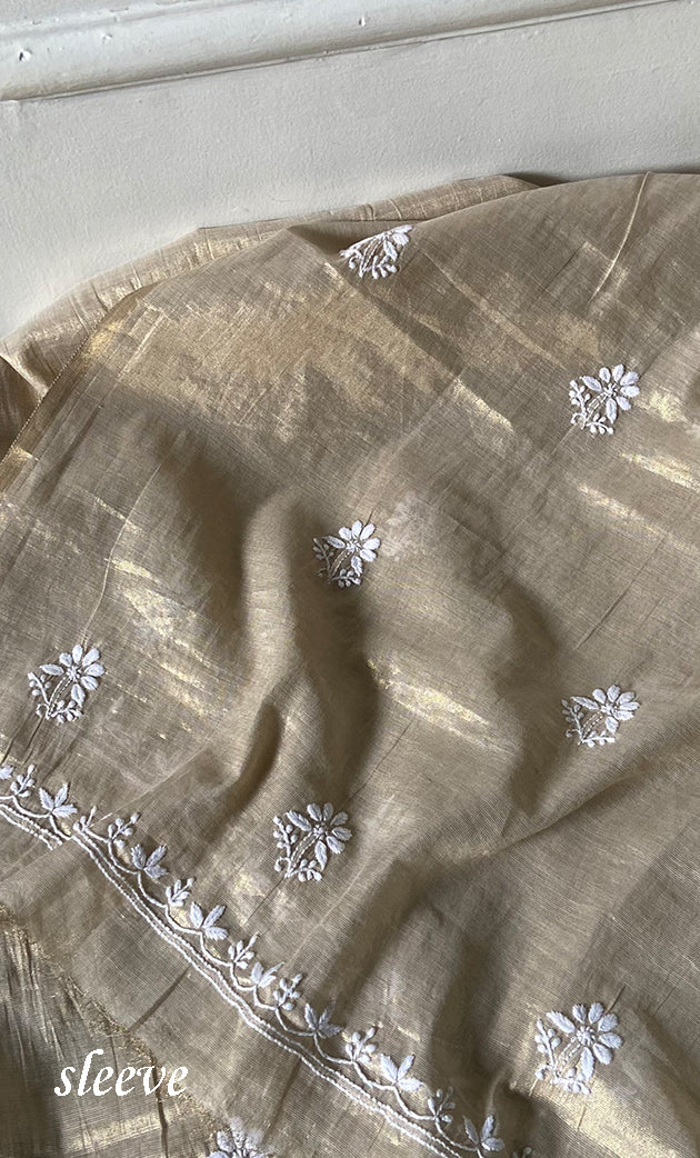 Women's Lakhnavi Handcrafted Tissue Chanderi Unstitched Chikankari Kurta And Dupatta Set - HONC032400