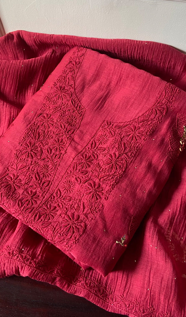 Women's Lakhnavi Handcrafted  Maheshwari  Mul Chanderi Kurta And Dupatta Set - HONC0288853