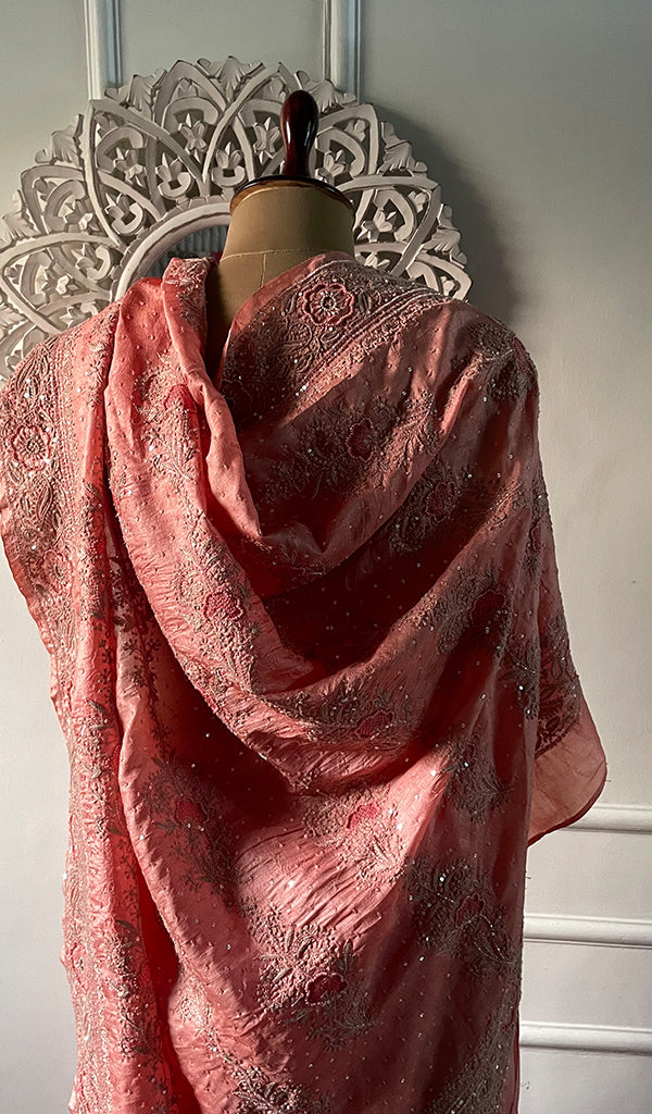 Women's Lakhnavi Handcrafted Tussar Silk Chikankari Saree - HONC0314578