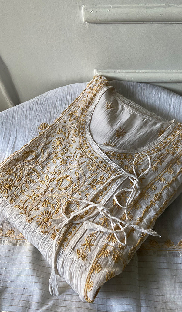 Women's Lakhnavi Handcrafted Mul Chanderi Semi - Stitched Kurta And Dupatta Set - HONC0294987