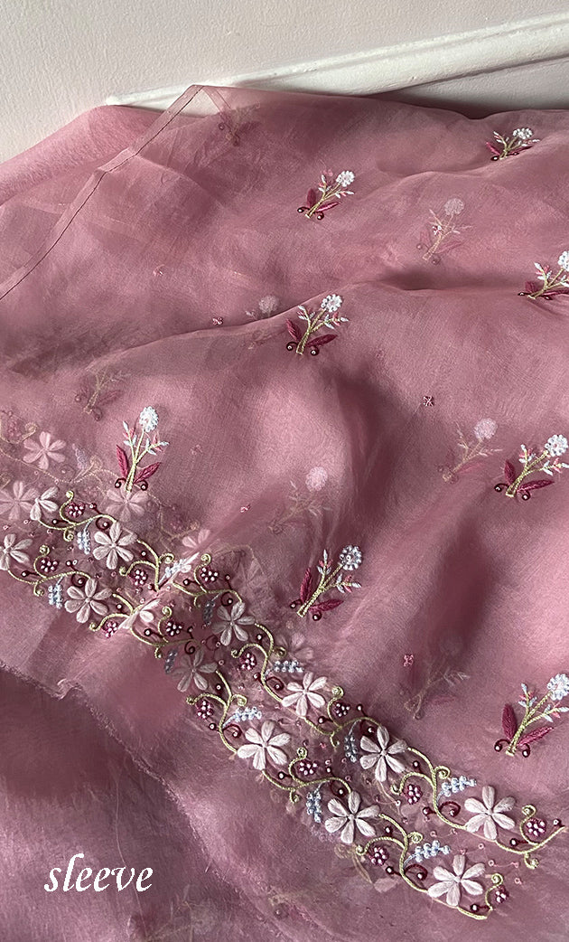 Women's Lakhnavi Handcrafted Pure Organza Chikankari Unstitched Kurta And Dupatta Set- HONC0339421