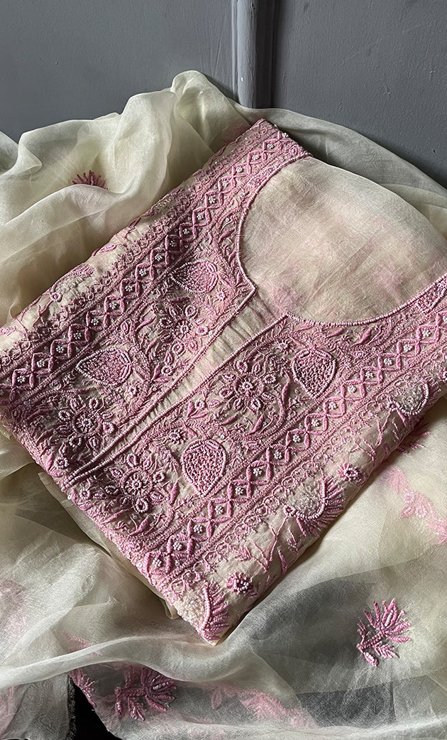 Women's Lakhnavi Handcrafted Pure Organza Chikankari Unstitched Kurta And Dupatta Set- HONC0296105