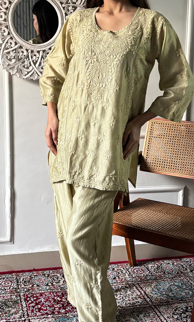 Imara Women's Lakhnavi Handcrafted Chanderi Silk Chikankari Top And Pant Set - HONC0340438