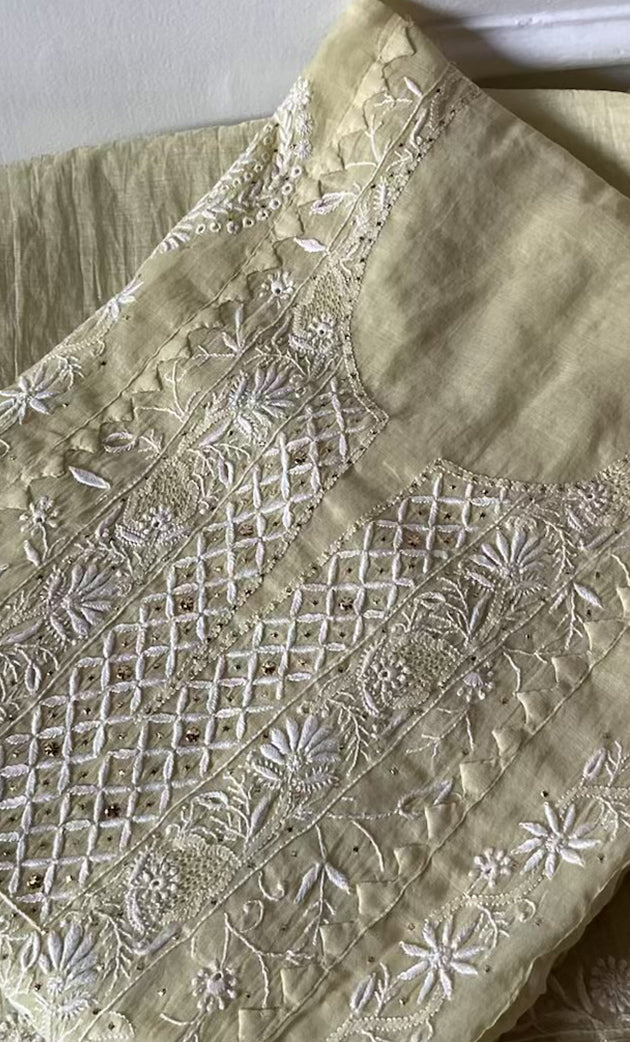 Women's Lakhnavi Handcrafted Mul Chanderi Semi - stitched Kurta And Dupatta Set- HONC0305144