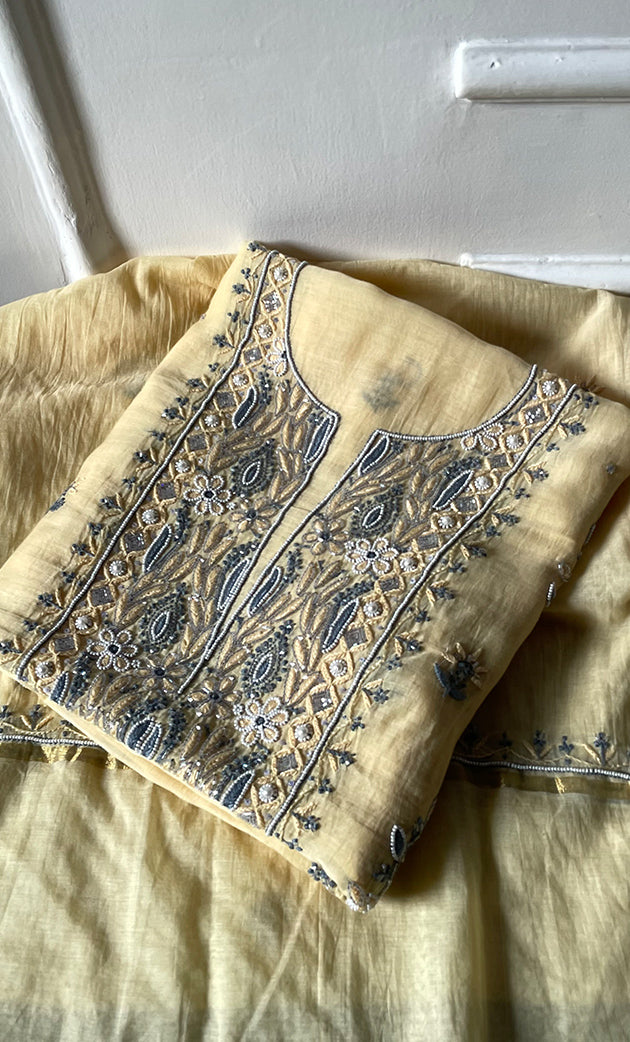 Women's Lakhnavi Handcrafted Mul Chanderi Unstitched Chikankari Full Suit Material - HONC0323589