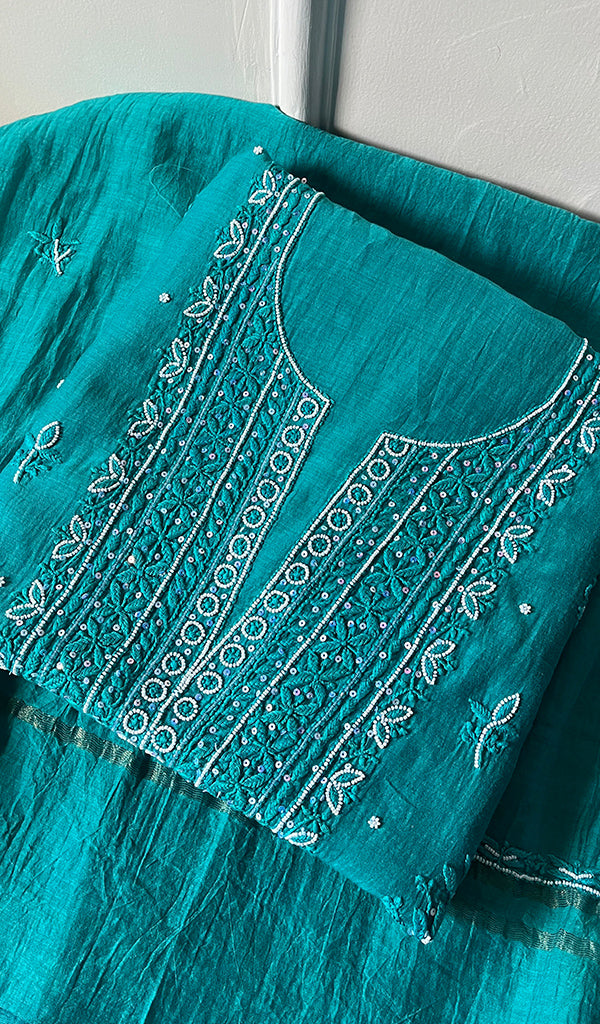 Women's Lakhnavi Handcrafted Mul Chanderi Unstitched Kurta And Dupatta Set - HONC0215480