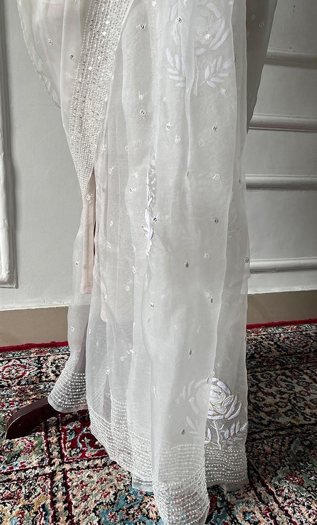 Women's Lucknowi Handcrafted Pure Organza Silk Chikankari Saree - HONC0307590