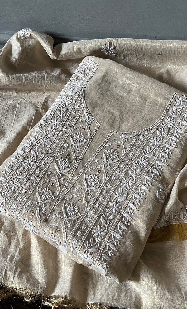 Women's Lakhnavi Handcrafted Tissue Chanderi Unstitched Kurta And Dupatta Set - HONC0267164