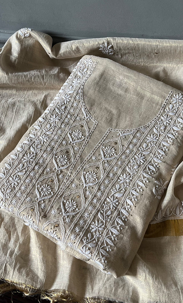 Women's Lakhnavi Handcrafted Tissue Chanderi Unstitched Kurta And Dupatta Set - HONC0267164