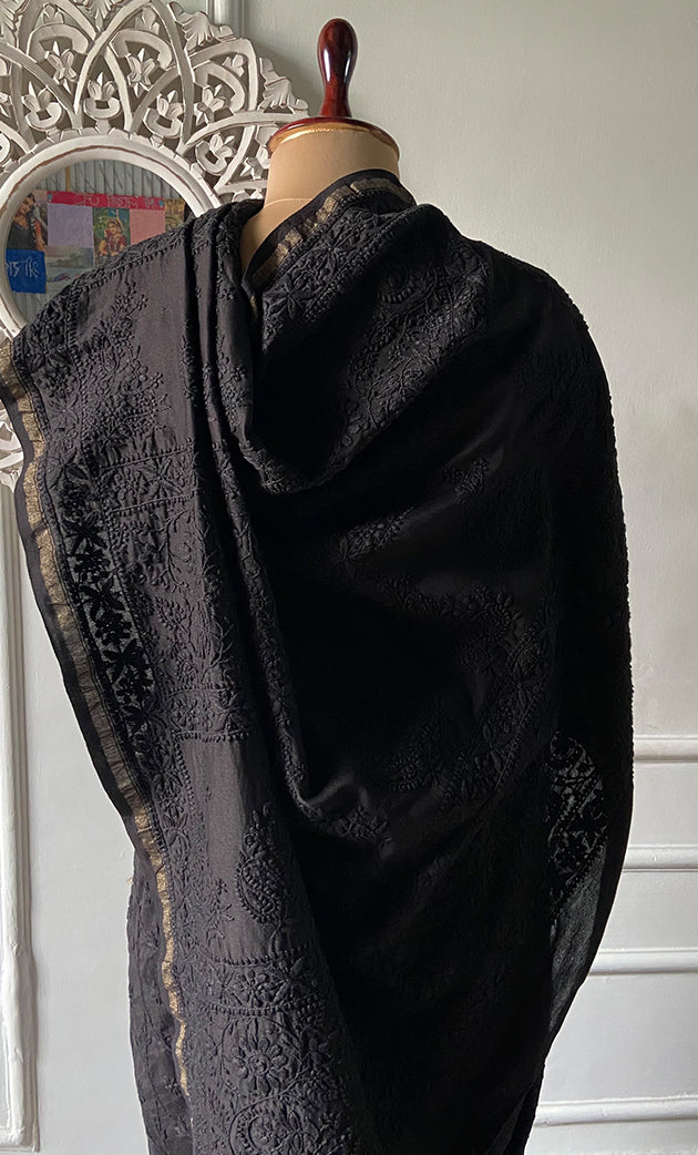 Women's Lakhnavi Handcrafted Chanderi Silk Chikankari Saree - HONC0340413