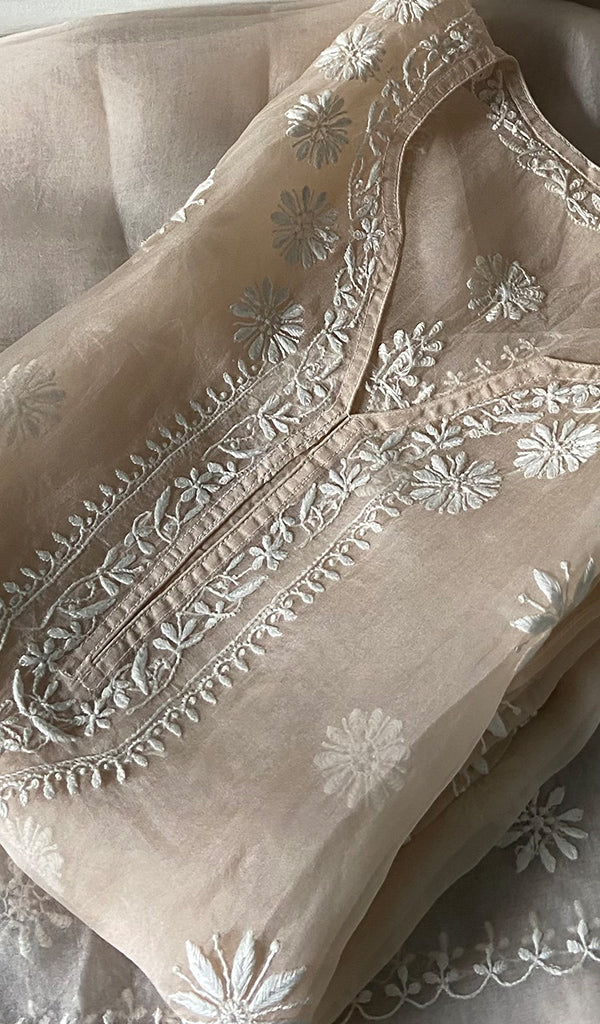 Women's Lakhnavi Handcrafted Pure Organza Chikankari Semi stitched Kurta And Dupatta Set- HONC0348611