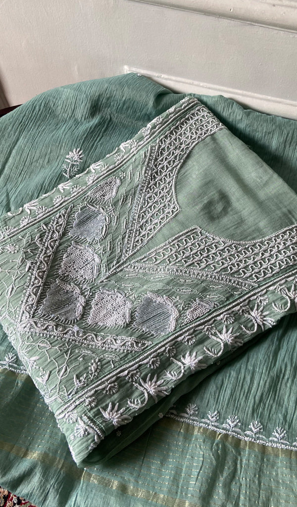 Women's Lakhnavi Handcrafted Mul Chanderi Semi Stitched Kurta And Dupatta Set - HONC30358774