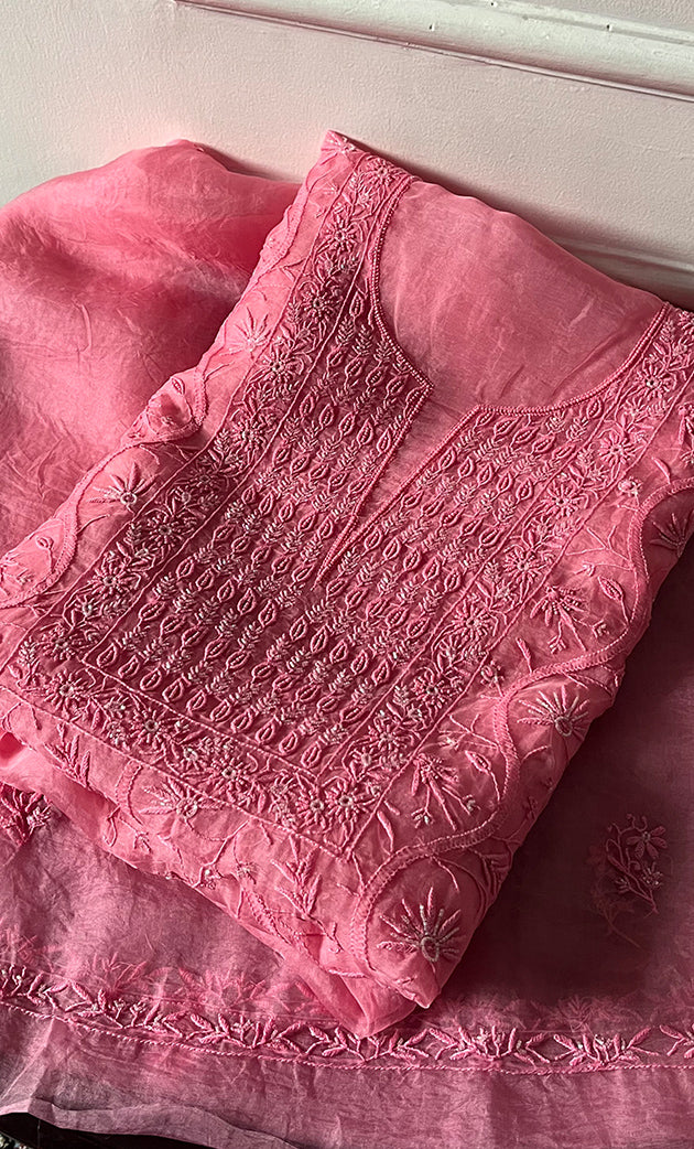 Women's Lakhnavi Handcrafted Pure Organza Chikankari Unstitched Kurta And Dupatta Set- HONC0327848