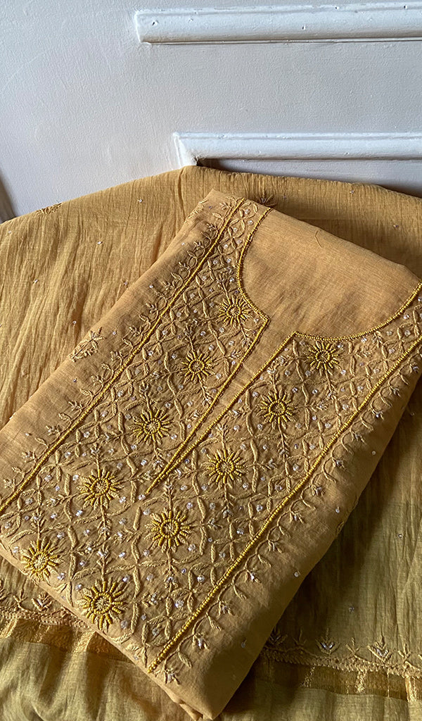 Women's Lakhnavi Handcrafted Mul Chanderi Unstitched Chikankari Full Suit Material - HONC0328107