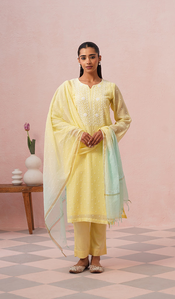 Jazba Women's Lakhnavi Handcrafted Mul Chanderi Chikankari Stitched Kurta, Dupatta And Pant Set - HONC0469874