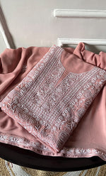 Load image into Gallery viewer, Women&#39;s Lakhnavi Handcrafted Pure Silk Georgette Chikankari Kurta And Dupatta Set- HONC0290999

