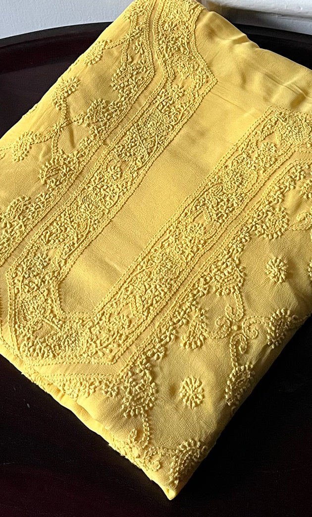 Lucknowi Handcrafted Viscose Georgette Chikankari Unstitched Men's Kurta Fabric - HONC0282441`