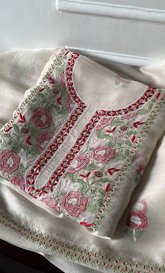 Women's Lakhnavi Handcrafted Pure Organza Chikankari Unstitched Kurta And Dupatta Set- HONC0319583