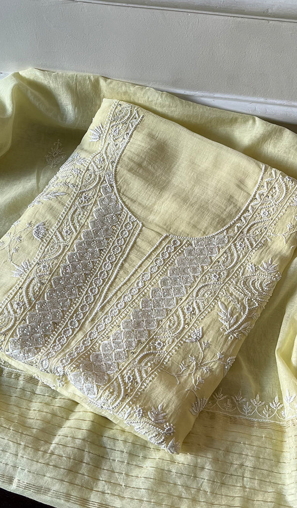 Women's Lakhnavi Handcrafted Mul Chanderi Unstitched Kurta And Dupatta Set - HONC0280845
