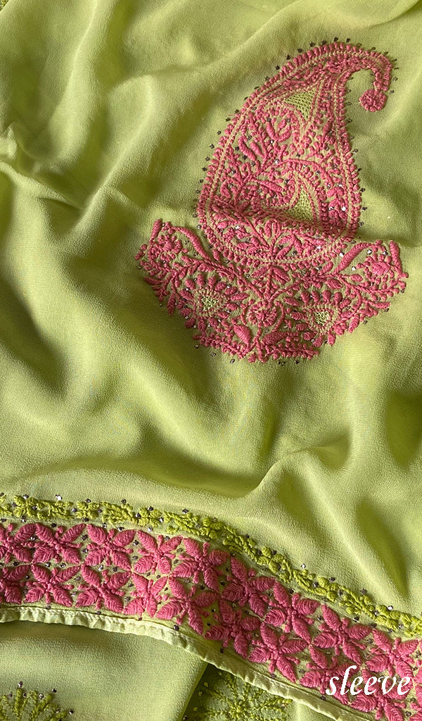 Lakhnavi 手工纯丝乔其纱 Chikankari 库尔塔和杜帕塔套装 - N43030