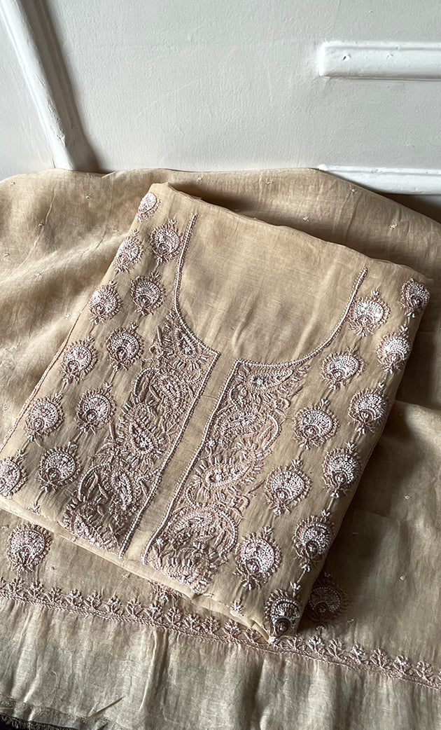 Women's Lakhnavi Handcrafted Mul Chanderi Unstitched Chikankari Full Suit Material - HONC0312089