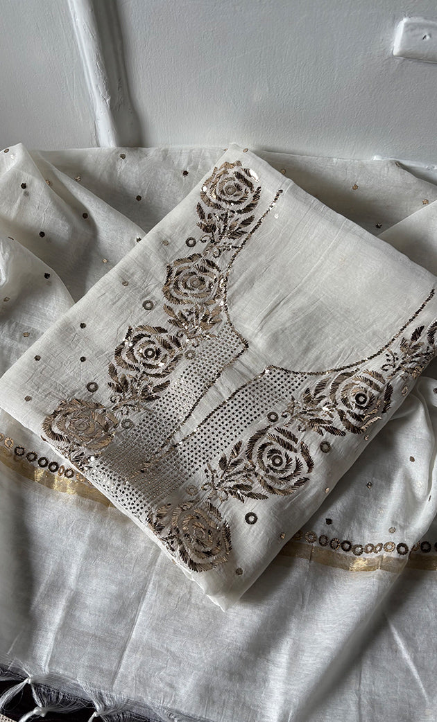 Women's Lakhnavi Handcrafted Unstitched Mul Chanderi Kurta And Dupatta Set - HONC0322428