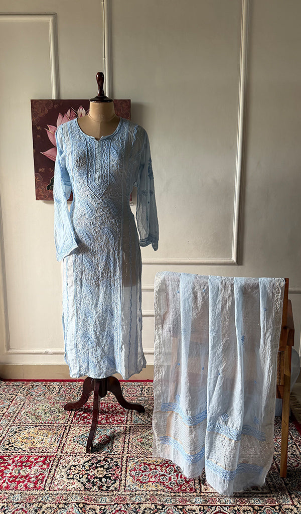 Women's Lakhnavi Handcrafted Mul Chanderi Semi - Stitched Chikankari Full Suit Material - HONC0359801