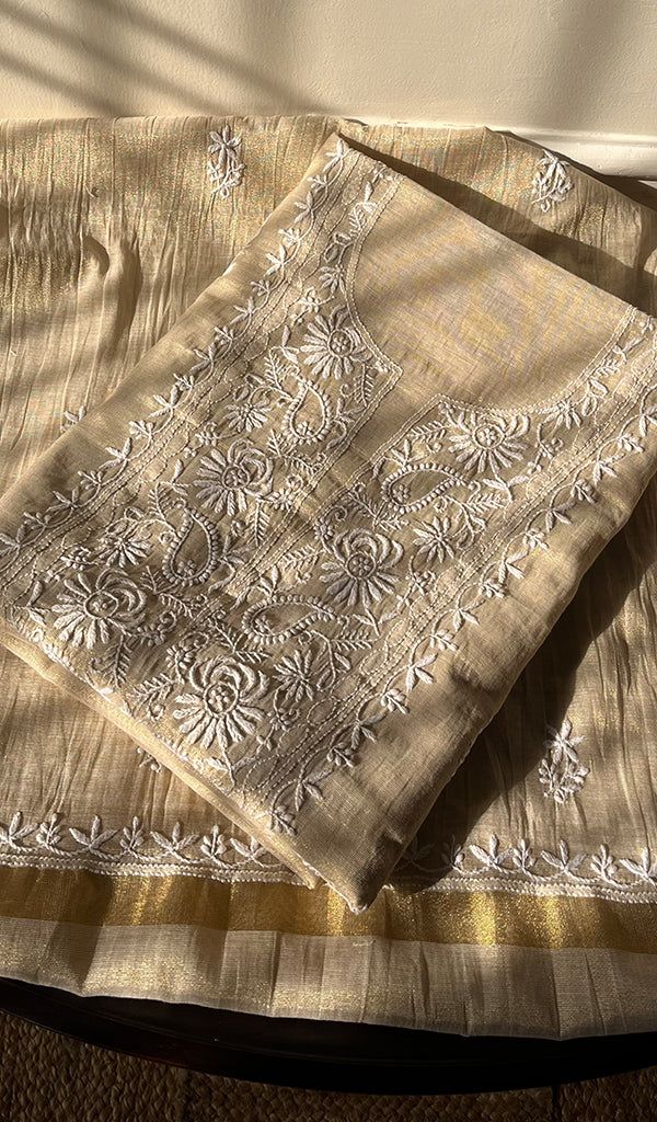 Women's Lakhnavi Handcrafted Tissue Chanderi Unstitched Kurta And Dupatta Set - HONC0284690