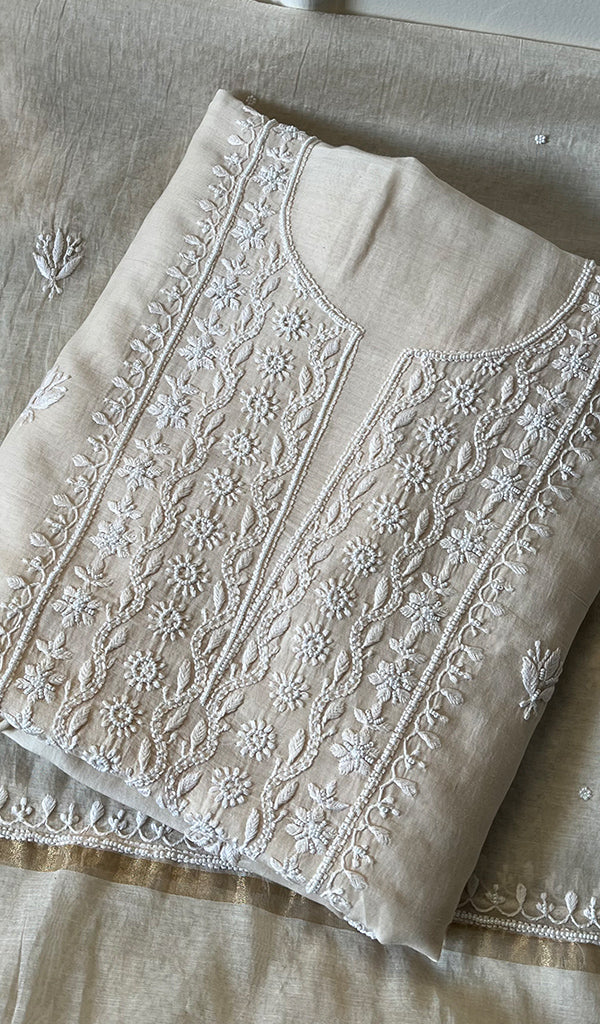 Women's Lakhnavi Handcrafted Mul Chanderi Chikankari Full Suit Material - HONC0279289