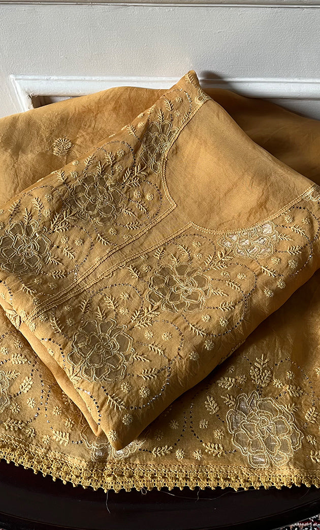 Mainaaj Women's Lakhnavi Handcrafted Pure Organza Chikankari Unstitched Kurta And Dupatta Set - HONC0330933