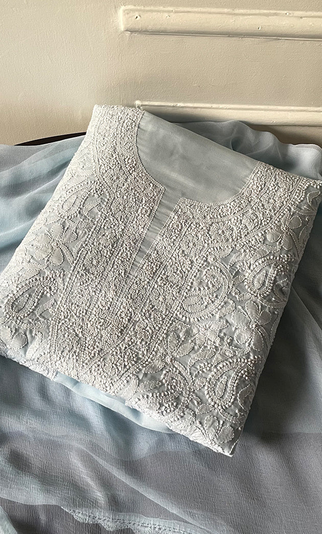 Women's Lakhnavi Handcrafted Unstitched Cotton Chikankari Suit Material - HONC0320307