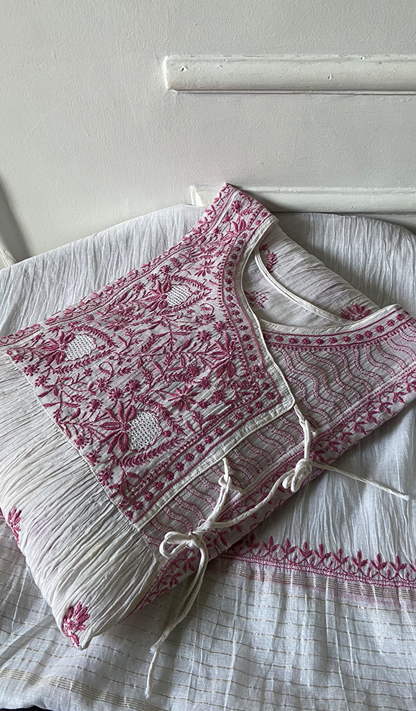 Women's Lakhnavi Handcrafted Mul Chanderi Semi - Stitched Angrakha And Dupatta Set - HONC0255359