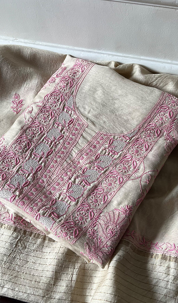 Women's Lakhnavi Handcrafted Munga Silk Chikankari Kurta And Dupatta Set- HONC0278872