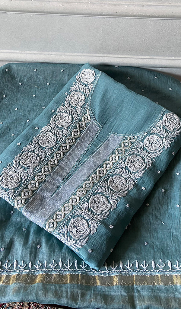Jazba Women's Lakhnavi Handcrafted Mul Chanderi Unstitched Kurta And Dupatta Set - HONC0356294