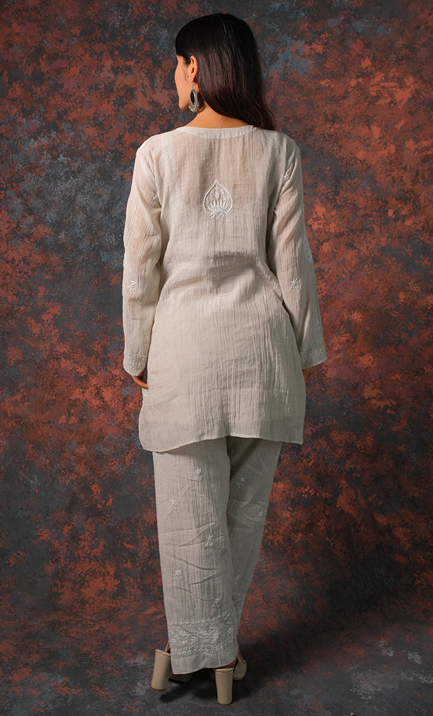 Women's Lakhnavi Handcrafted Tissue chanderi Chikankari Kurta And palazzo Set - HONC0322042