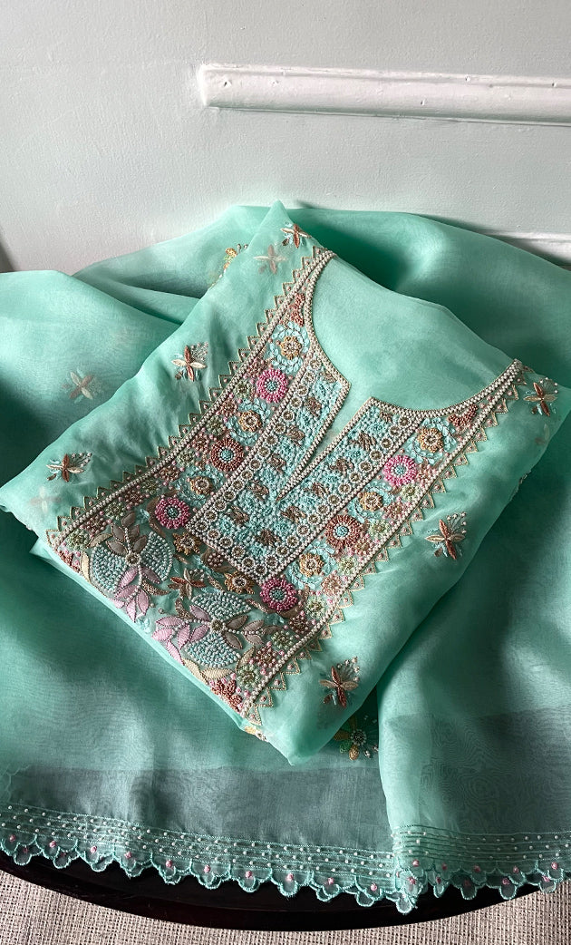 Women's Lakhnavi Handcrafted Pure Organza Chikankari Unstitched Kurta And Dupatta Set- HONC0326296