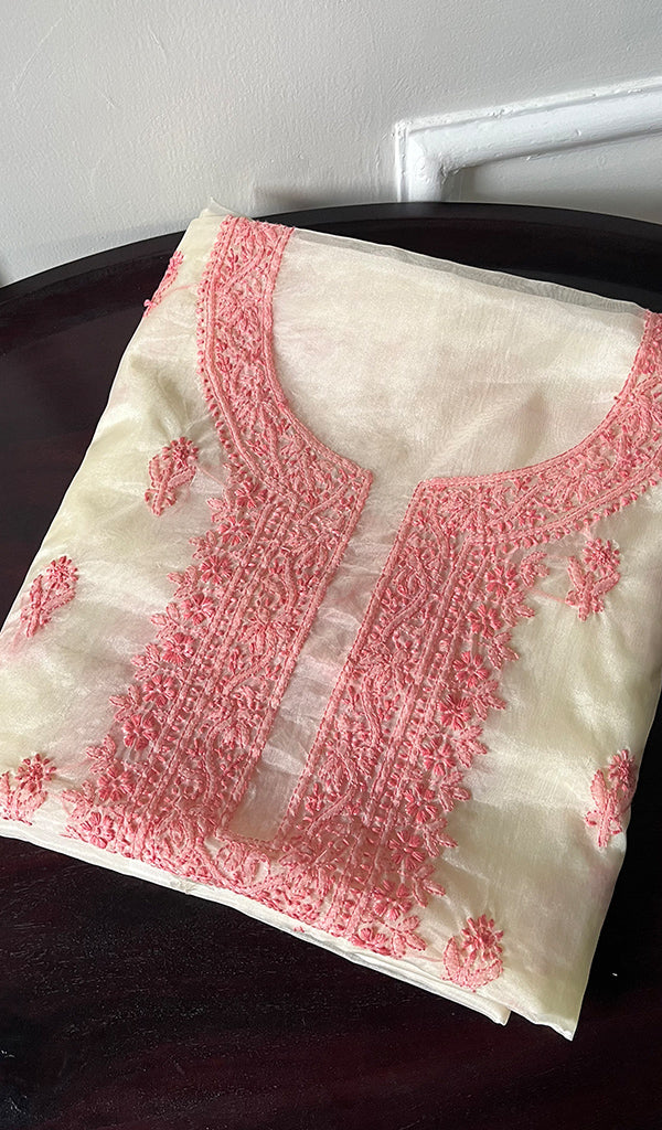 Lakhnavi 手工制作的欧根纱 Chikankari 未缝合 Kurti 面料 - Honc0692220