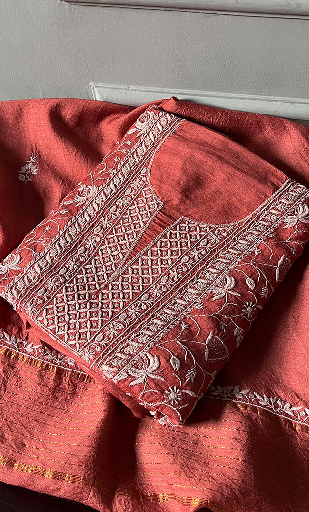 Women's Lakhnavi Handcrafted Munga Silk Chikankari Kurta And Dupatta Set- HONC0282386