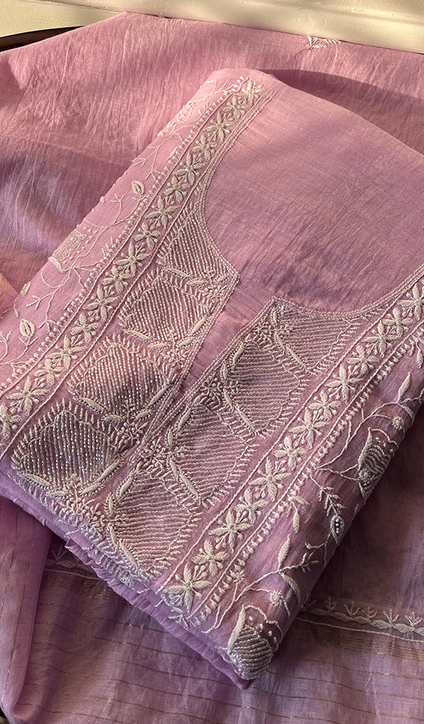 Women's Lakhnavi Handcrafted Mul Chanderi Unstitched Kurta And Dupatta Set - HONC0258738