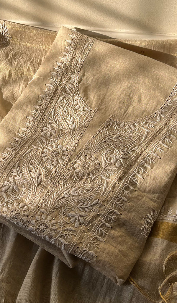 Women's Lakhnavi Handcrafted Tissue Chanderi Unstitched Kurta And Dupatta Set - HONC0282348