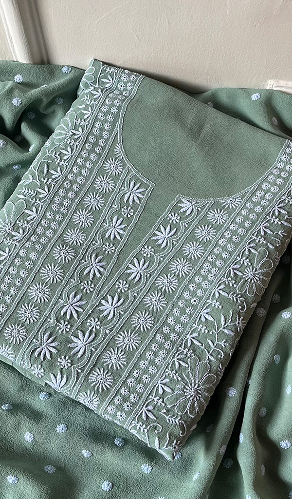 Women's Lakhnavi Handcrafted Pure Silk Georgette Chikankari Suit Material - HONC0260019