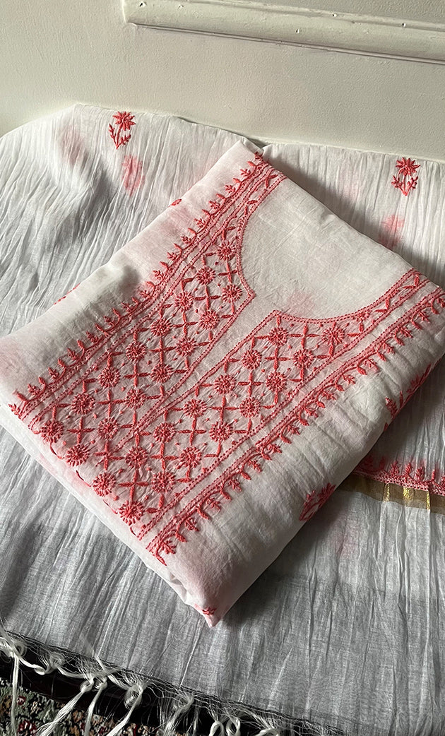 Women's Lakhnavi Handcrafted Mul Chanderi Unstitched Chikankari Kurta And Dupatta Set - HONC0321900